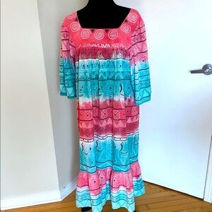 1960’s/1970’s Hippy Boho Geometric pattern in pink & blue Maxi Dress Size Large